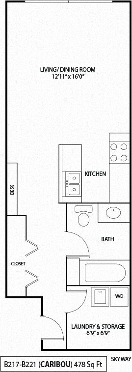 Floor plan for studio, 1 bath, 380 sqft
